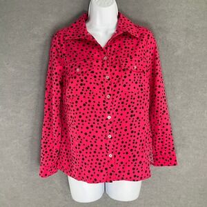 Notations Top Women's Sz S Pink Black Polka‎ Dot Button Up Long Sleeve Shirt